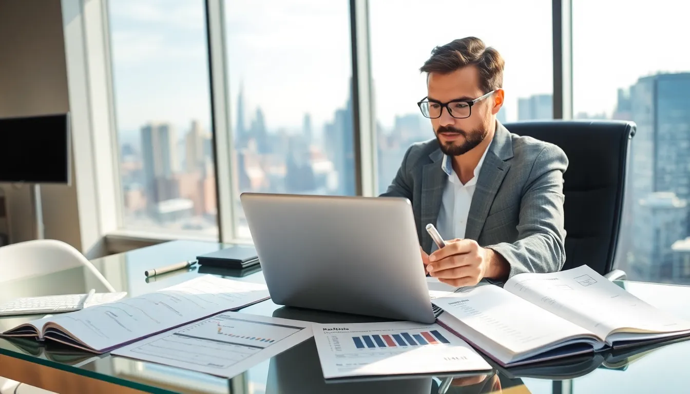 person researching rental properties in a modern office.