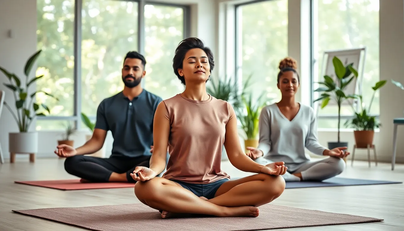 professionals practicing mindfulness in a modern office setting.
