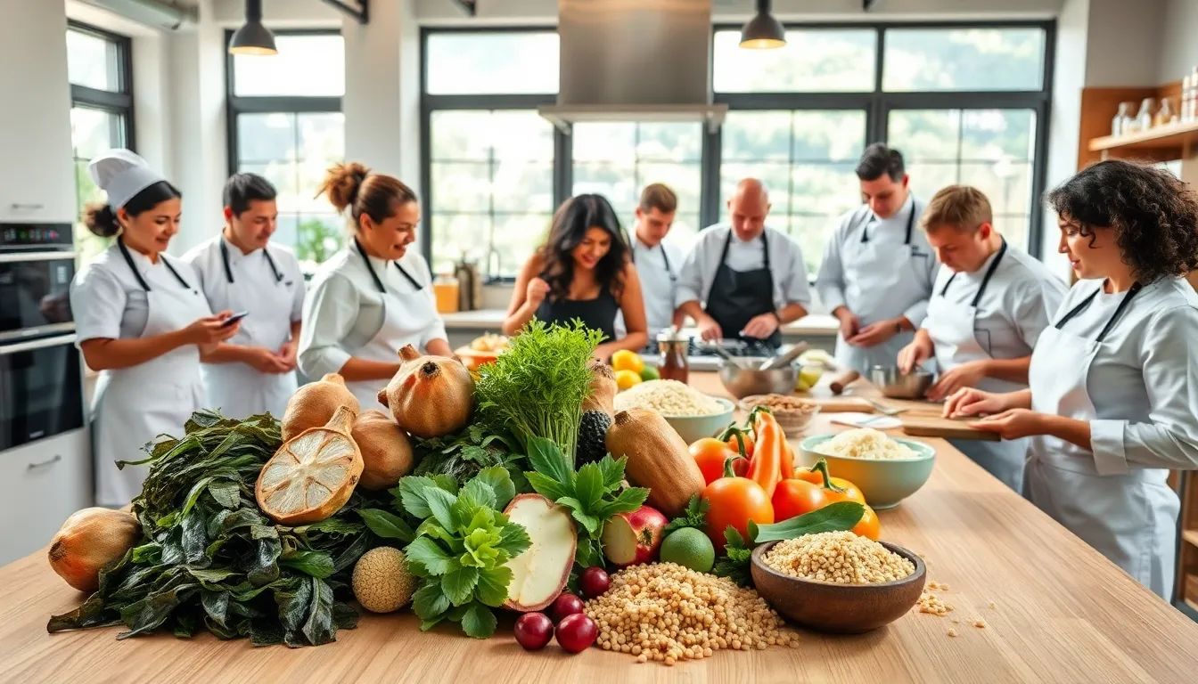 diverse chefs preparing dishes with emerging ingredients in a modern kitchen.