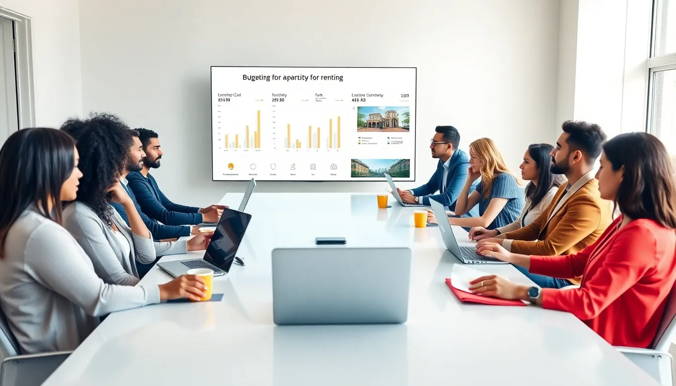 professionals discussing budget planning for renting an apartment.