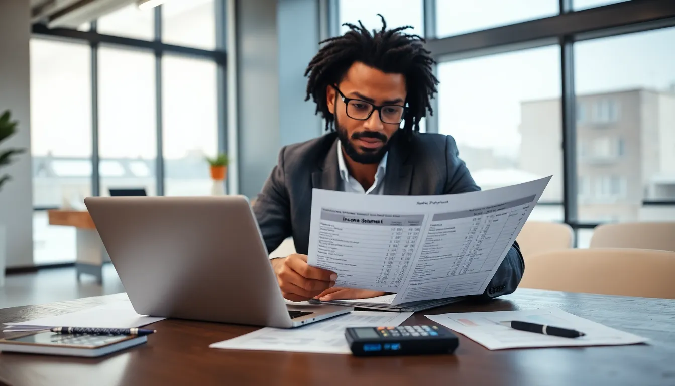 accountant analyzing rental property income statement in a modern office.