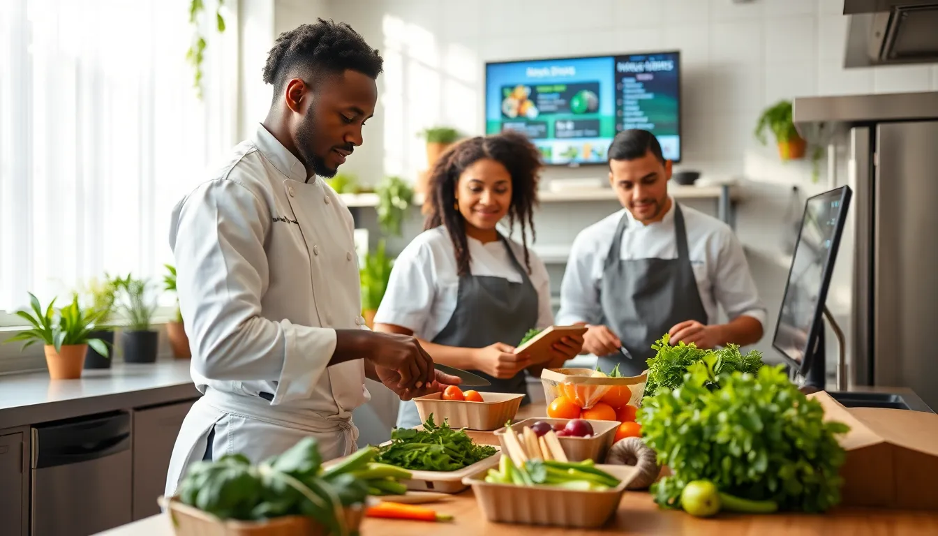 diverse culinary team showcasing sustainable food practices in a modern kitchen.