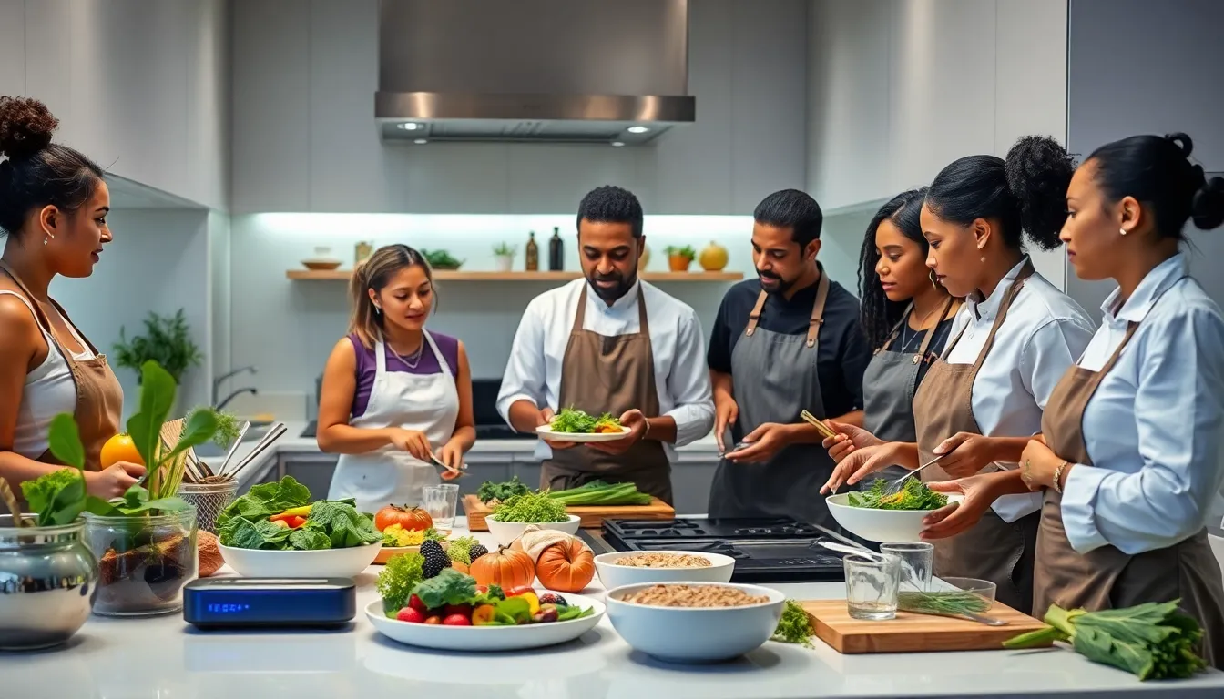 diverse chefs collaborating in a modern kitchen focusing on health and sustainability.