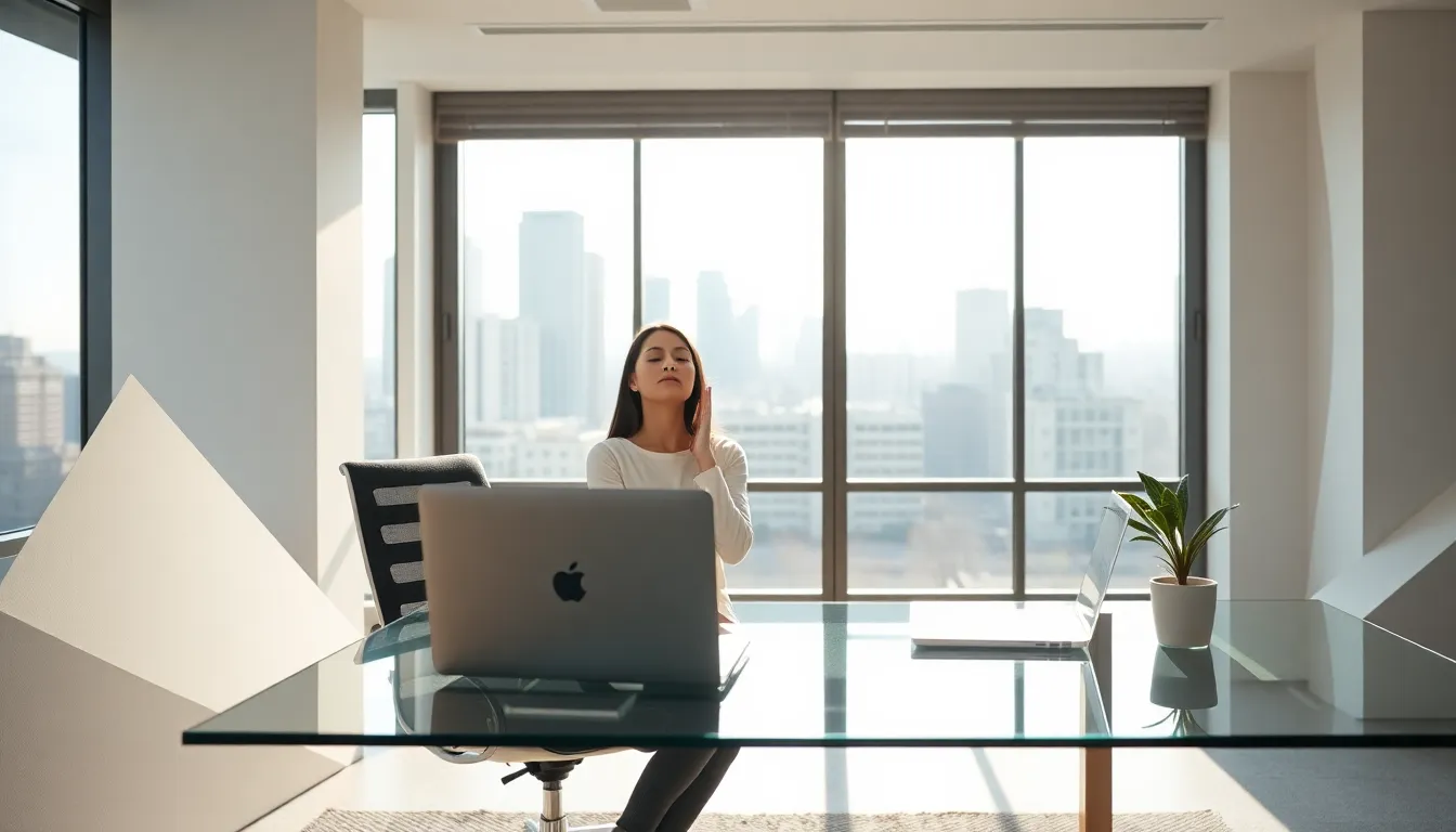 A professional practicing mindfulness in a modern office.