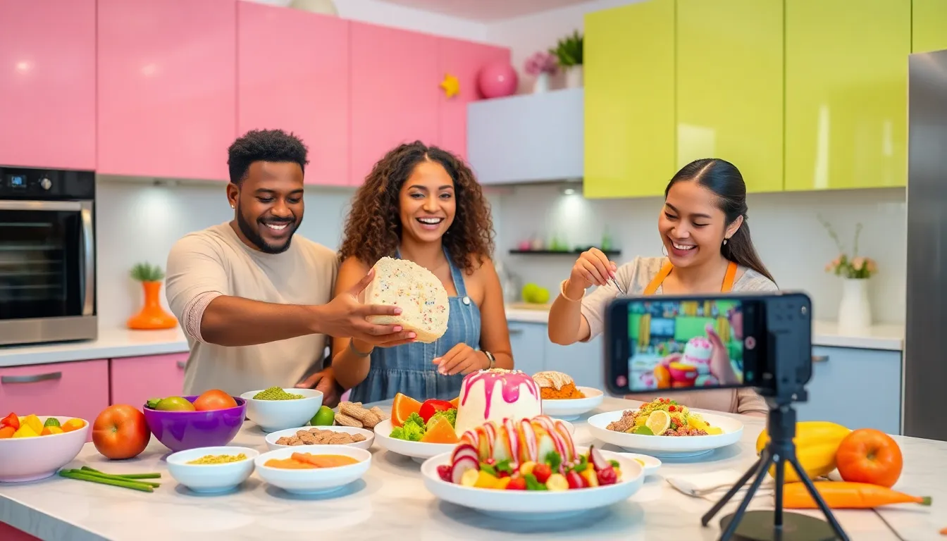 diverse creators showcasing TikTok food trends in a modern kitchen.