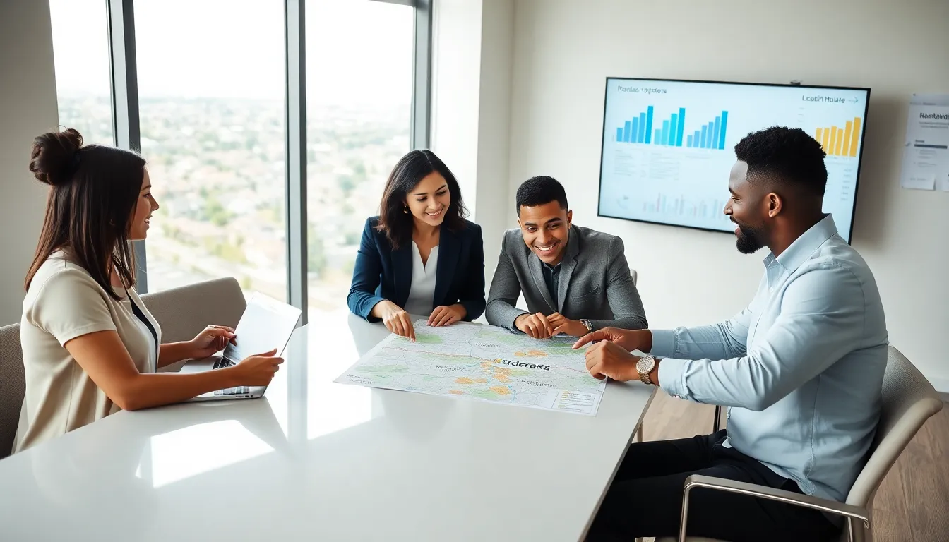 professionals discussing rental needs in a modern office